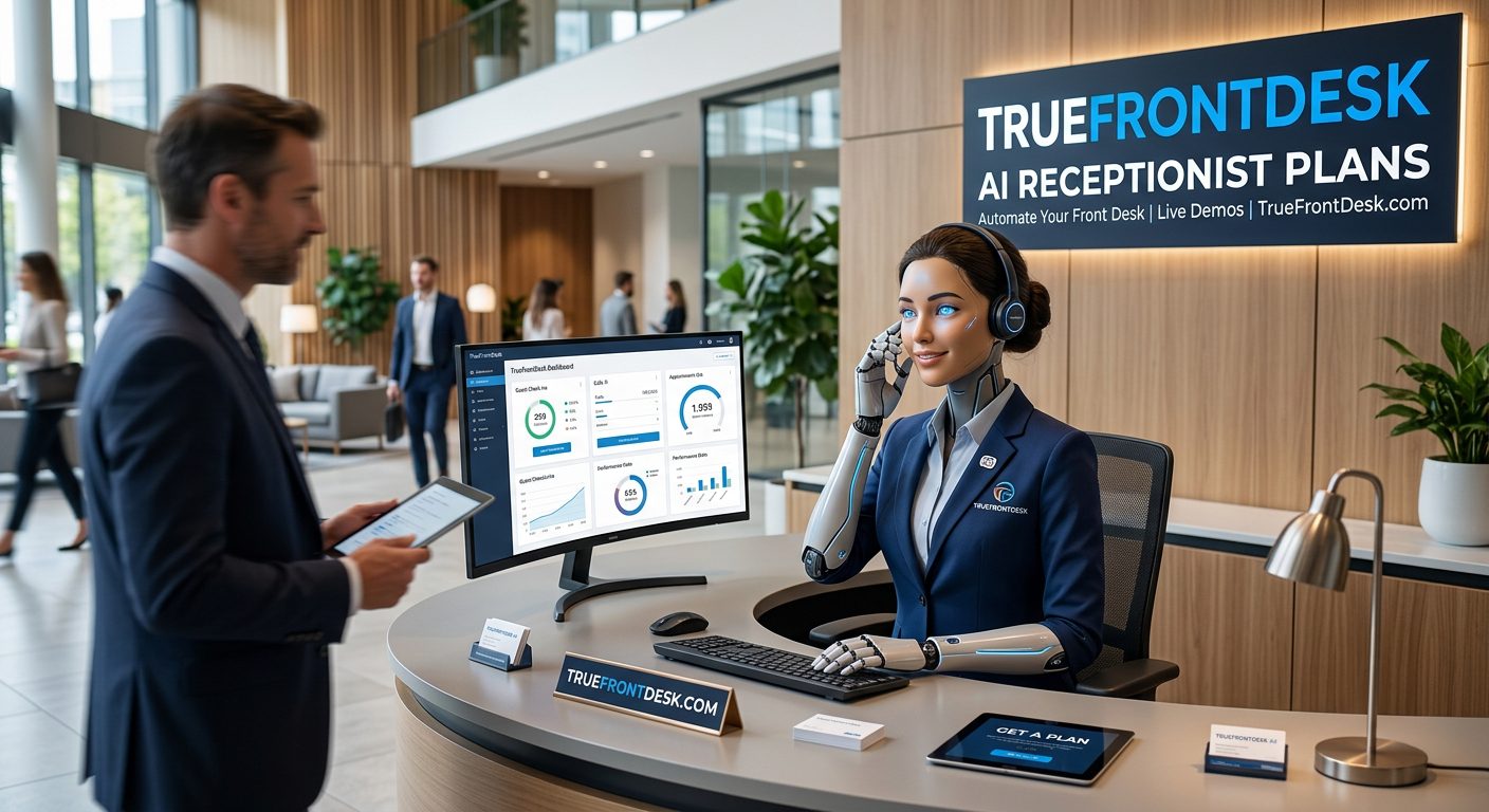 TrueFrontDesk AI receptionist answering a business call at a modern front desk